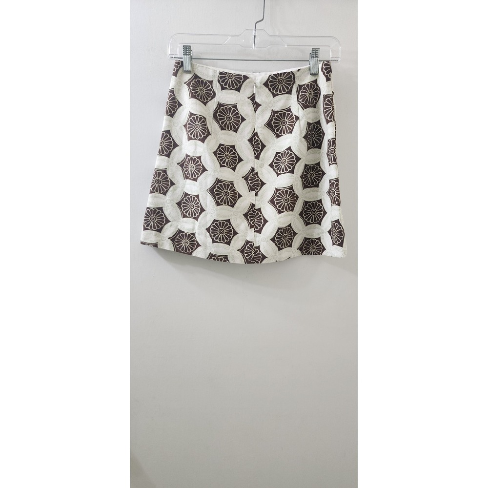 Julia Amory Brown Cream Geometric Floral Block Print Cotton Mini Skirt XS New - Picture 4 of 7